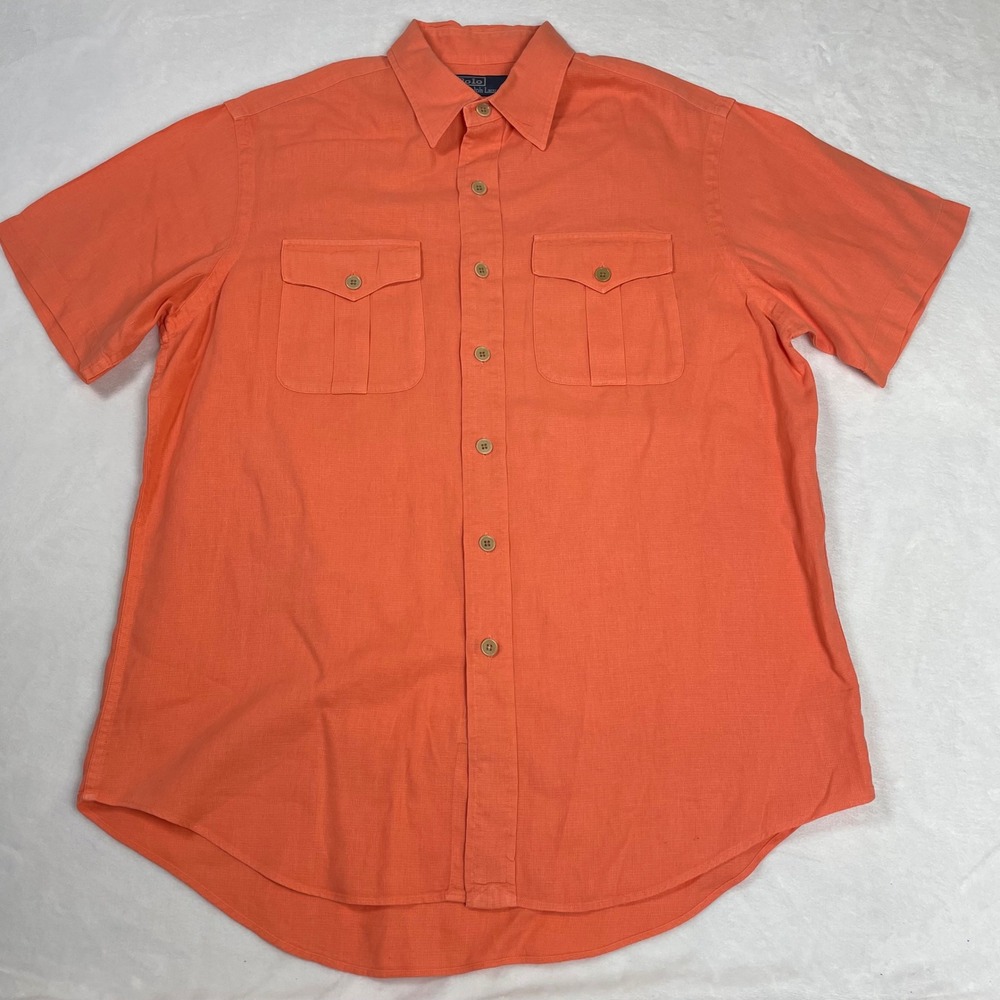 Polo Ralph Lauren Button Down Linen Cotton Mens Large Coral Sorbet Good S/S